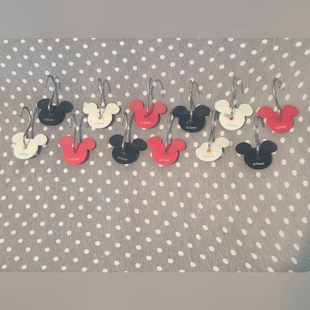 Mickey Mouse Ears Shower Curtain Hooks Stripe Colors Red, Black, White set of 12